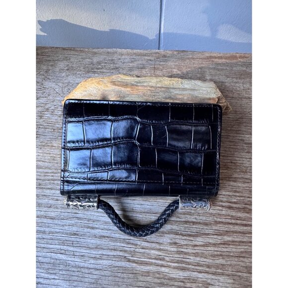 Brighton Black Croc Embossed Leather Organizer Wallet Mini Clutch Braided Handle - Picture 6 of 8